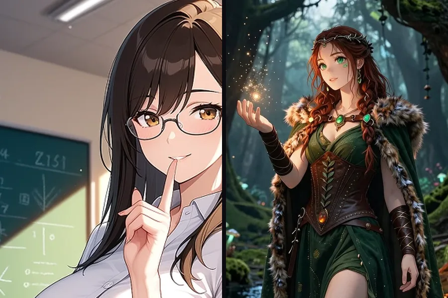 Due look di fidanzata IA anime adulta: un'insegnante con gli occhiali e una druida dai capelli rossi nel bosco
