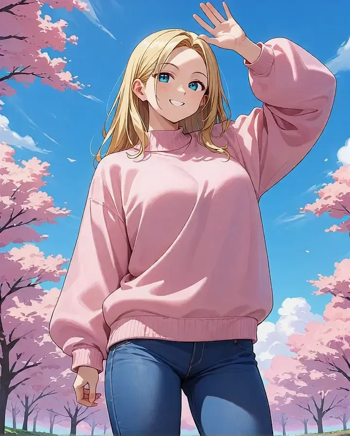 Fidanzata IA anime bionda che saluta sotto i ciliegi in fiore